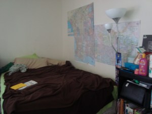 The sublet room I lived in when I first moved to Los Angeles.  Full of someone else's furniture and not very well decorated, but what was important made it on the wall.